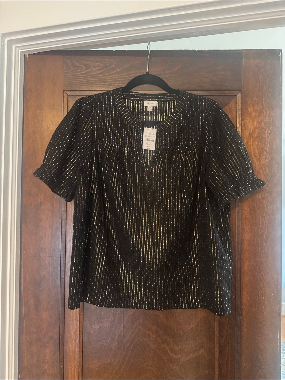 J.CREW Black Blouse with Gold Pinstripes and Ruffle Sleeves. Size M